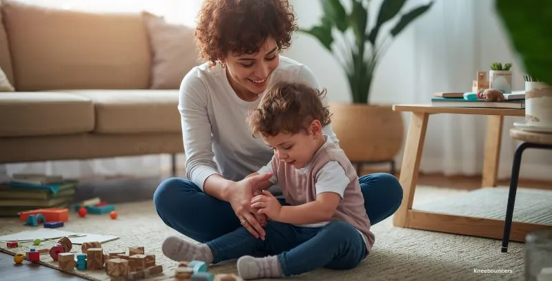mom and son playing blocks